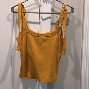 Chelsea and violet mustard, ribbed fabric with self tying sleeves